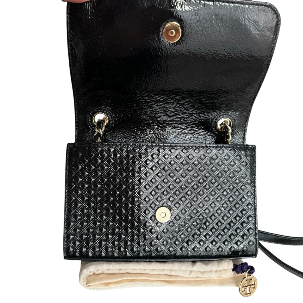 🆕 Tory Burch Marion Patent Flap Shoulder Bag Crossbody Black Embossed Leather